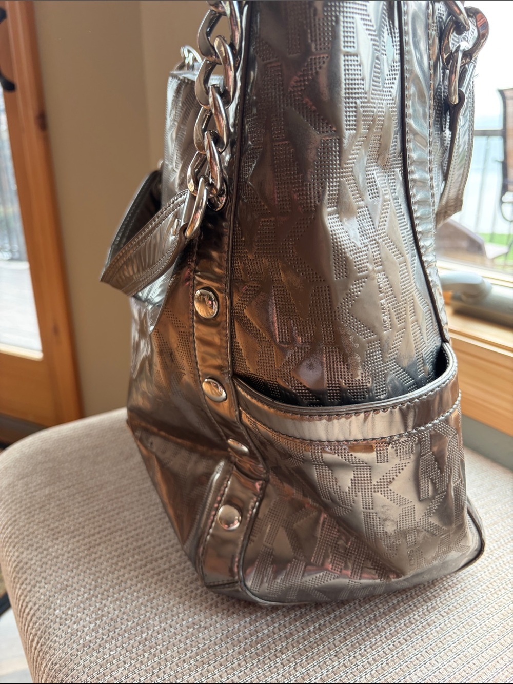 MICHAEL KORS Metallic Gunmetal Tote Bag with Chain Straps - Picture 3 of 5